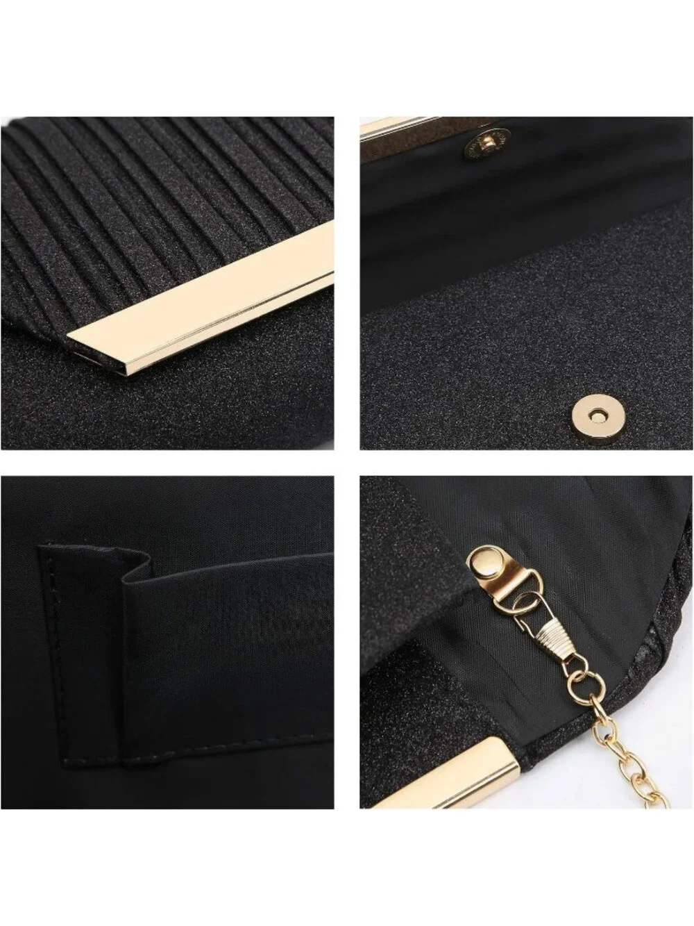Women's Glitter Black Clutch With Detachable Chain Wedding Formal Evening Bag